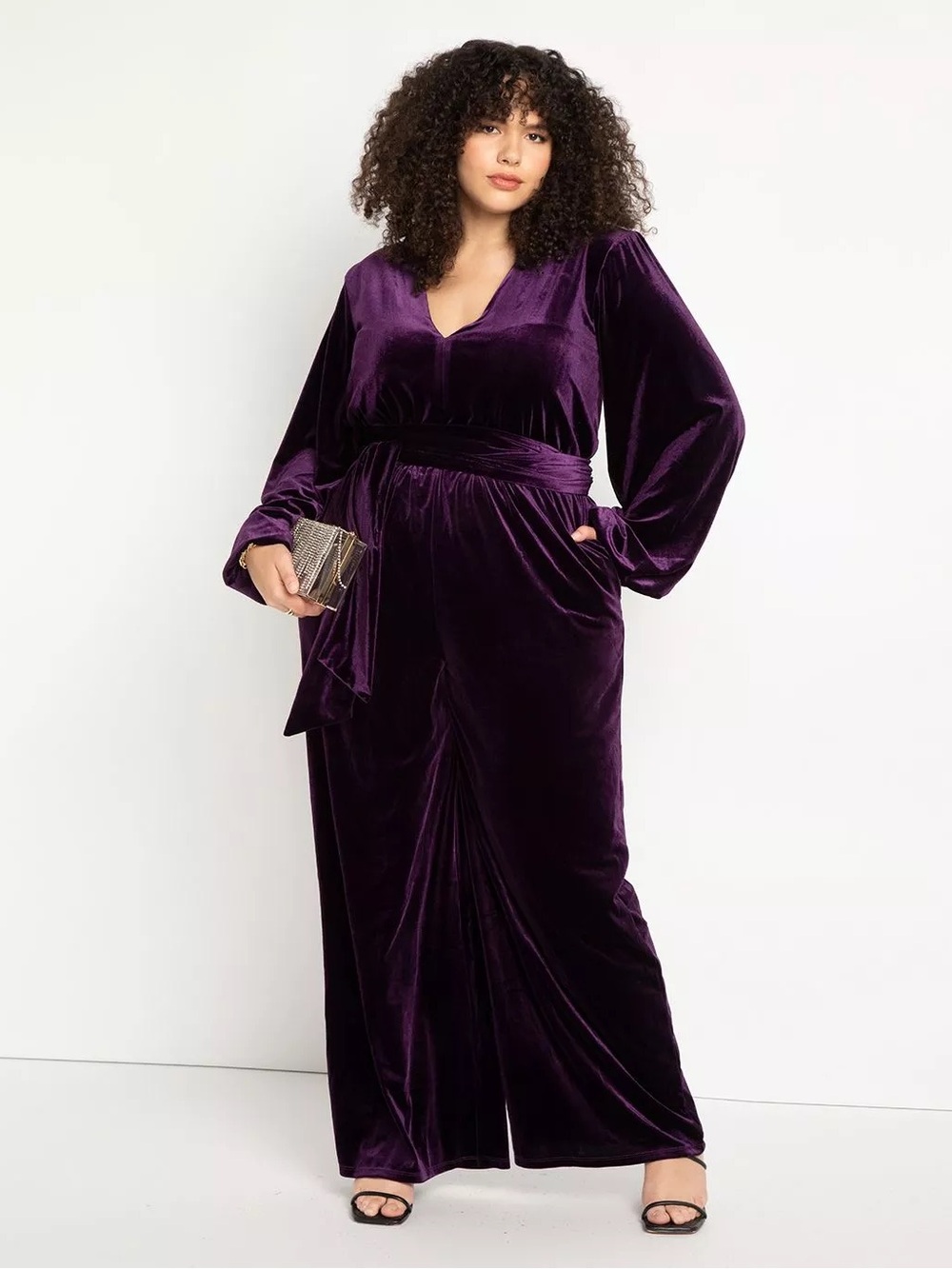 Eloquii Purple Balloon Sleeved Velvet Wide Leg Jumpsuit SZ 20
